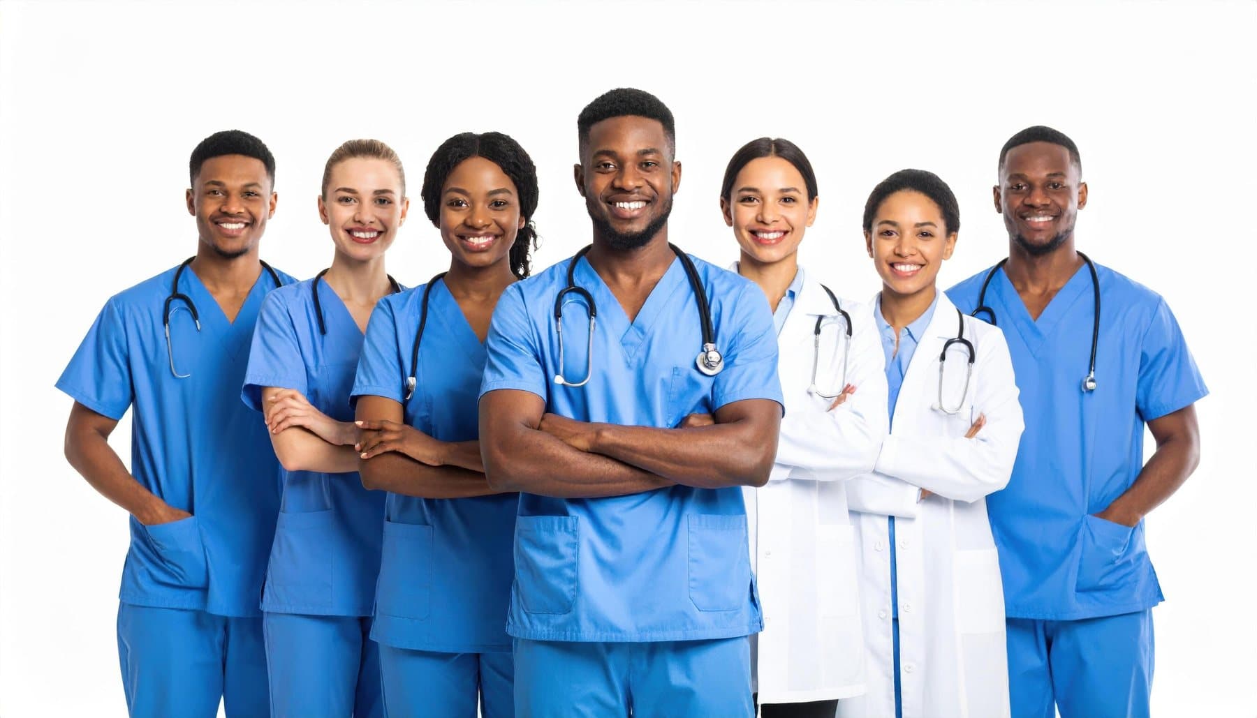Smiling nursing students in blue scrubs with stethoscopes